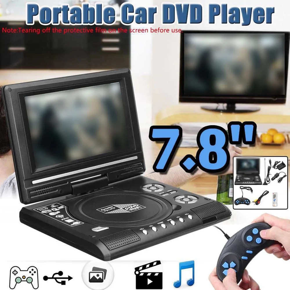 Ametoys 7.8 Inch 16:9 Widescreen 270° Rotatable LCD Screen Home Car TV DVD Player Portable VCD Compact Disc MP3 Viewer with Game Function