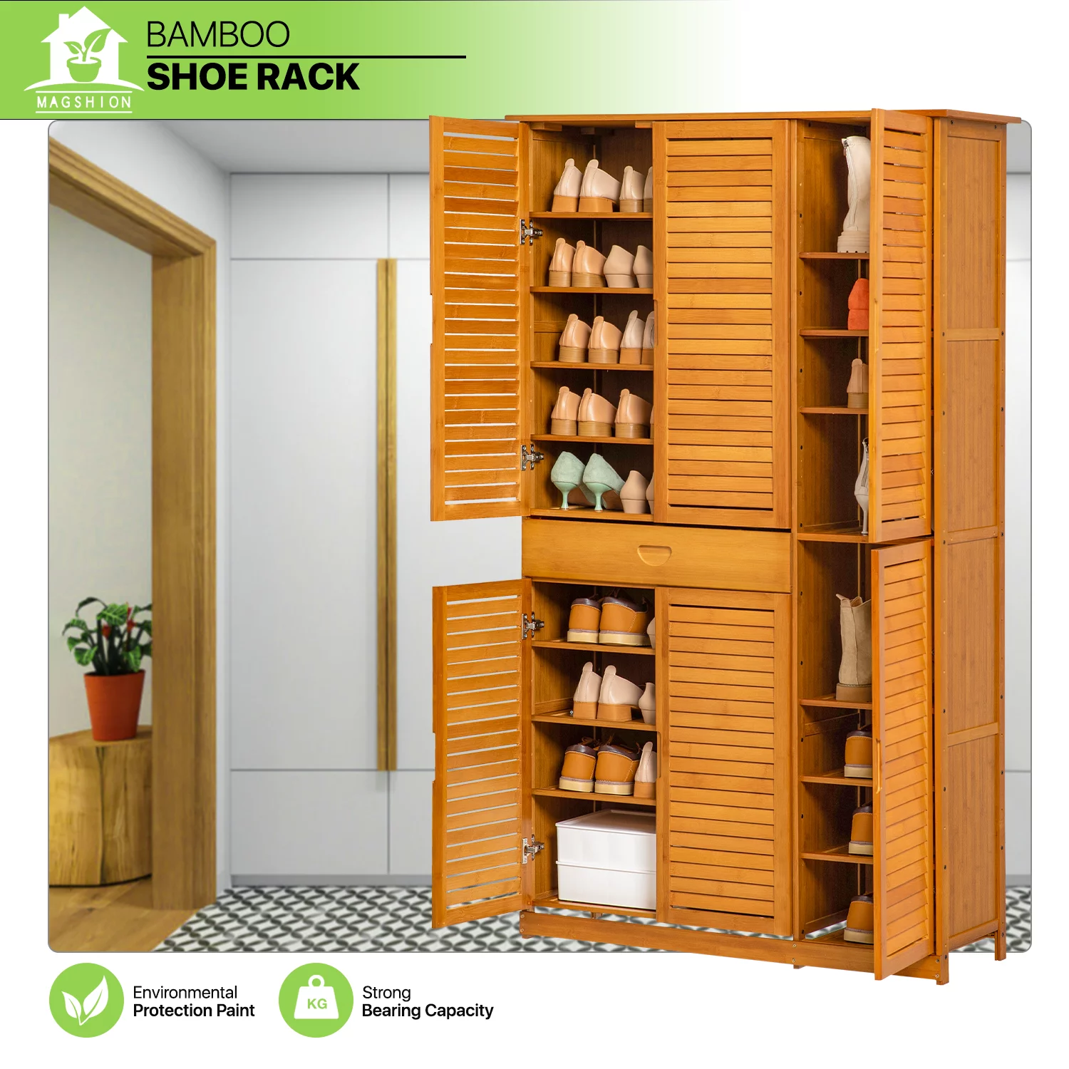 Magshion Bamboo 10 Tiers 1 Drawer Shoes Cabinet, 43 Pairs Storage with Shutter Doors, Brown, for Entryway