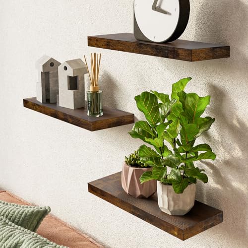 BAYKA Floating Shelves for Wall, Wall Mounted Rustic Wood Shelves for Bathroom, Bedroom, Living Room, Kitchen, Hanging Shelf for Books/Storage/Room Decor with 22lbs Capacity (Black, Set of 3, 16in)