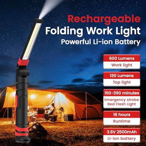 Rechargeable Work Light 2200mAh Magnetic LED Work Light Foldable Flashlight with Hook 3 Lighting Modes Mechanic Light Portable Outdoor Lamp for Car Repair, Home, Garage, Emergency