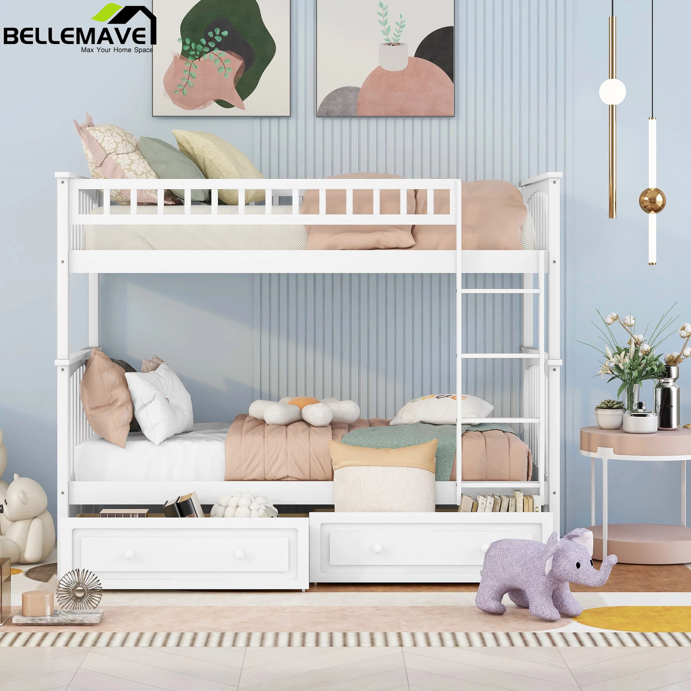 Bellemave Twin Over Twin Bunk Bed with 2 Storage Drawers,Wooden Bunk Bed Frame with Guardrails for Kids Teens Adults,Can be Convertible into 2 Beds(White)