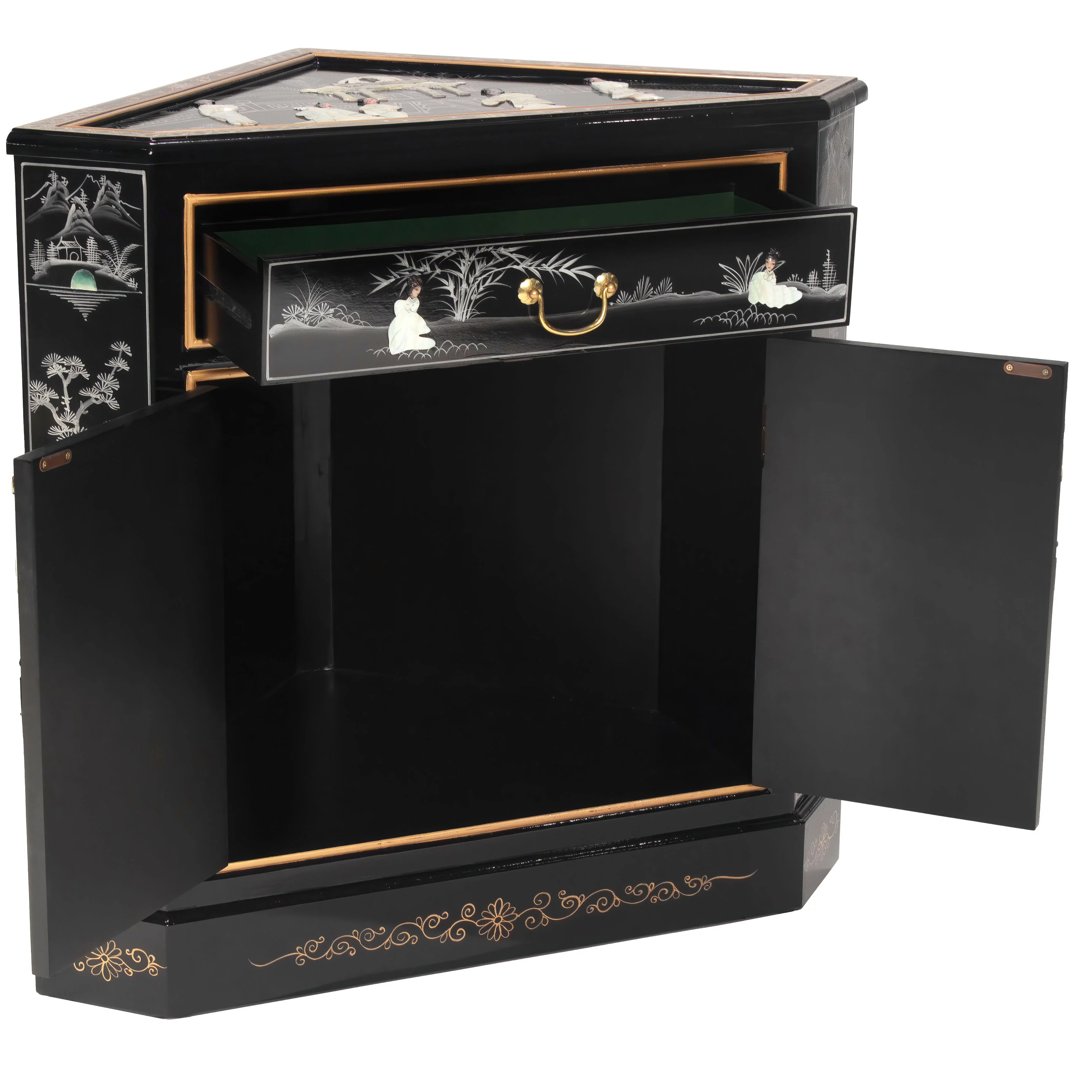 Oriental Furniture Black Lacquer Corner Cabinet - Royal Ladies