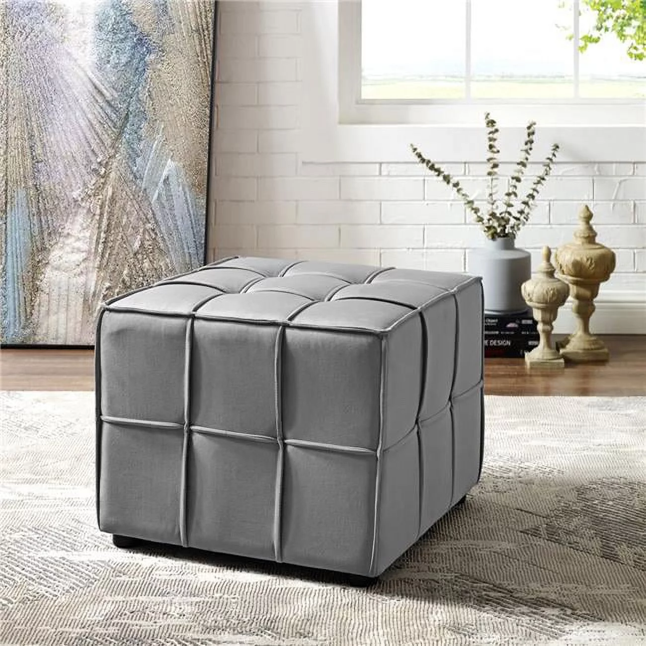 Loft Lyfe LON114-02LG-UE Posh Living Gannon Velvet Cube Ottoman, Light Grey - 28 x 30 x 34 in.