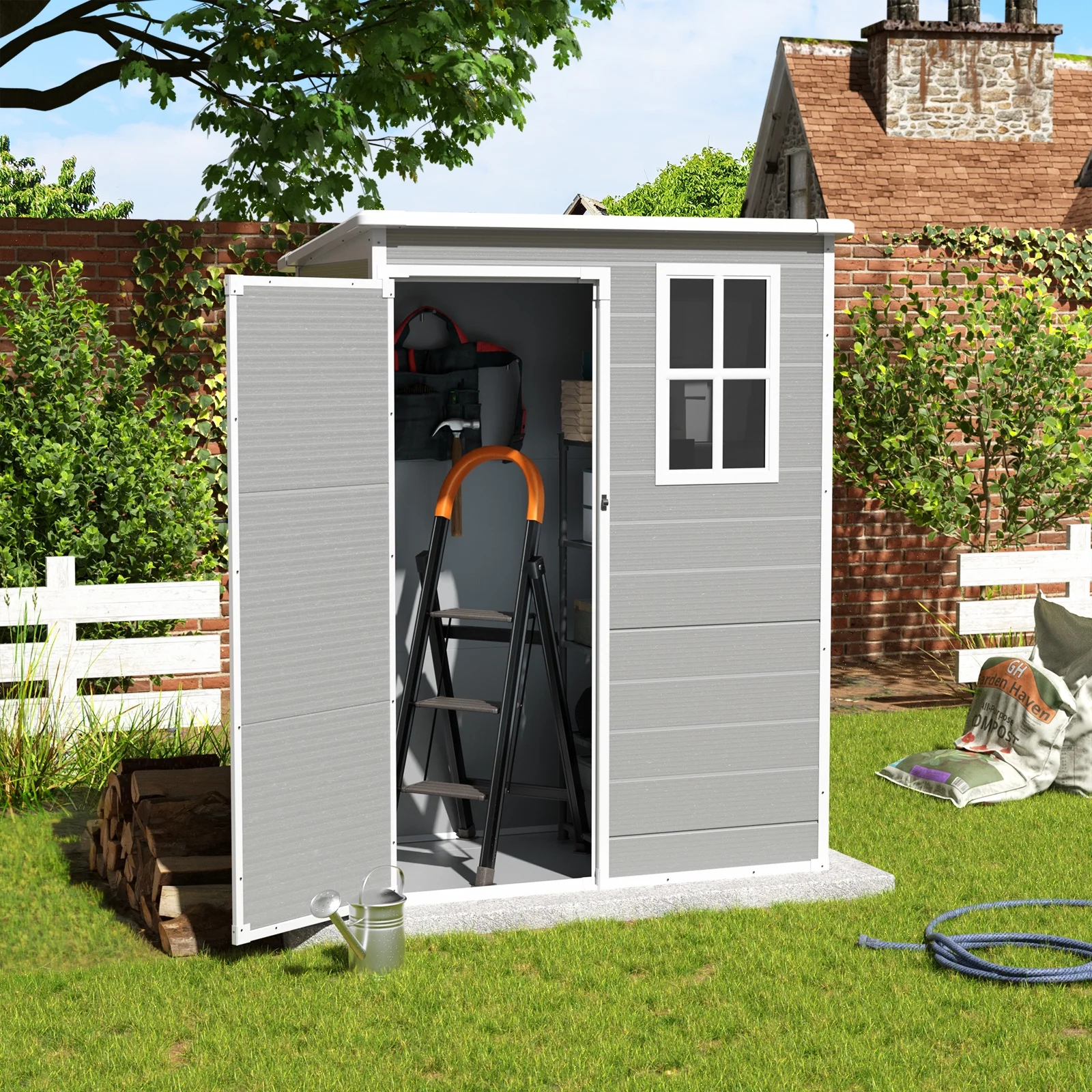 ELPOSUN Outdoor Storage Shed 5x3 FT, Resin Garden Shed for Bike, Garbage Can, Tool, Plastic Outside Sheds & Outdoor Storage Storage Box with Lockable Door for Backyard, Patio, Lawn, Grey & White