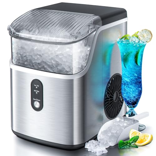 Nugget Countertop Ice Maker with Soft Chewable Pellet Ice, Pebble Portable Ice Machine, 34Lbs/24H, Self-Cleaning, Sonic Ice Maker, One Button Operation, for Kitchen,Office Stainless Steel Silver