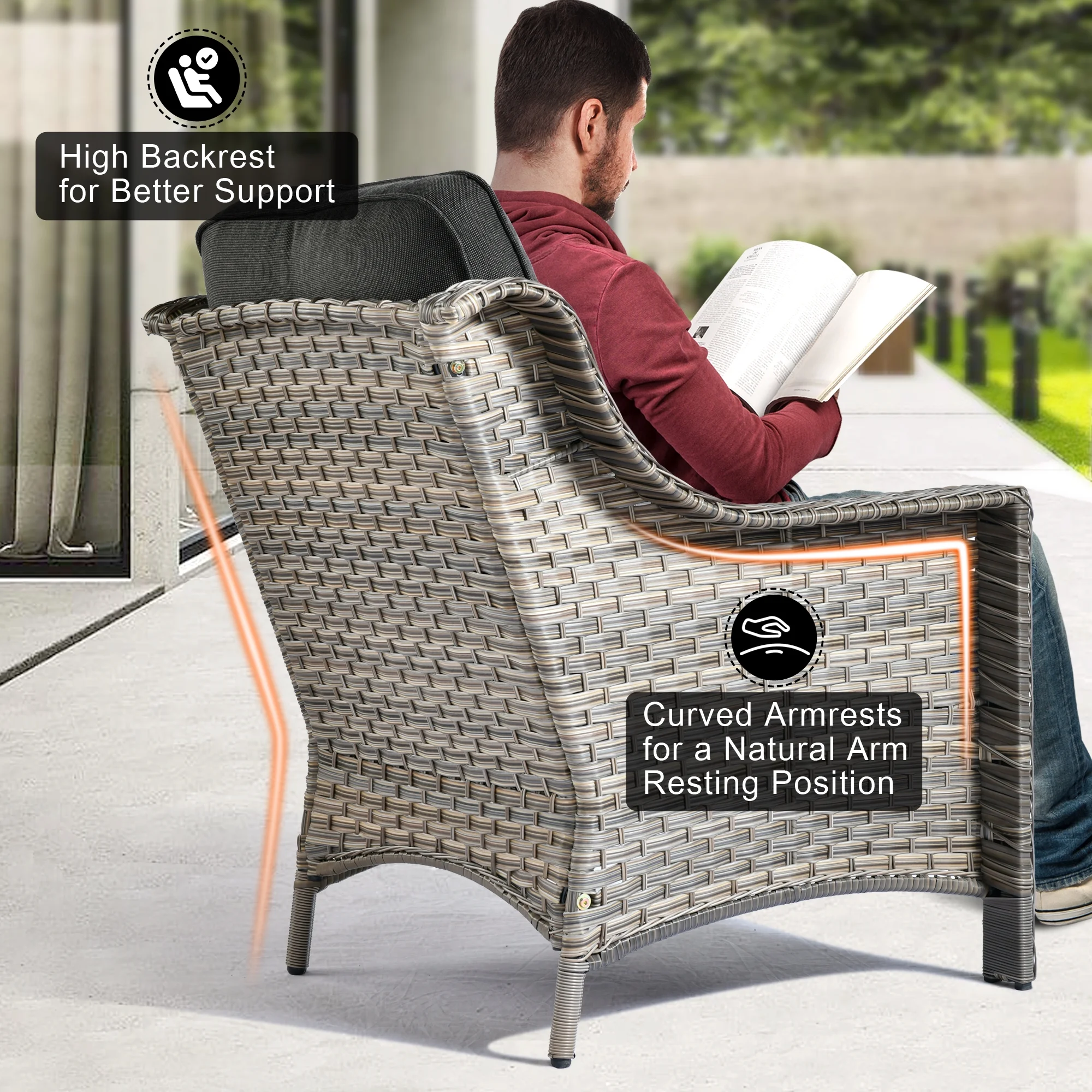 Ovios 3 Pieces Outdoor Patio Furniture Wicker Conversation Set with Wood Burning Fire Pit for Balcony