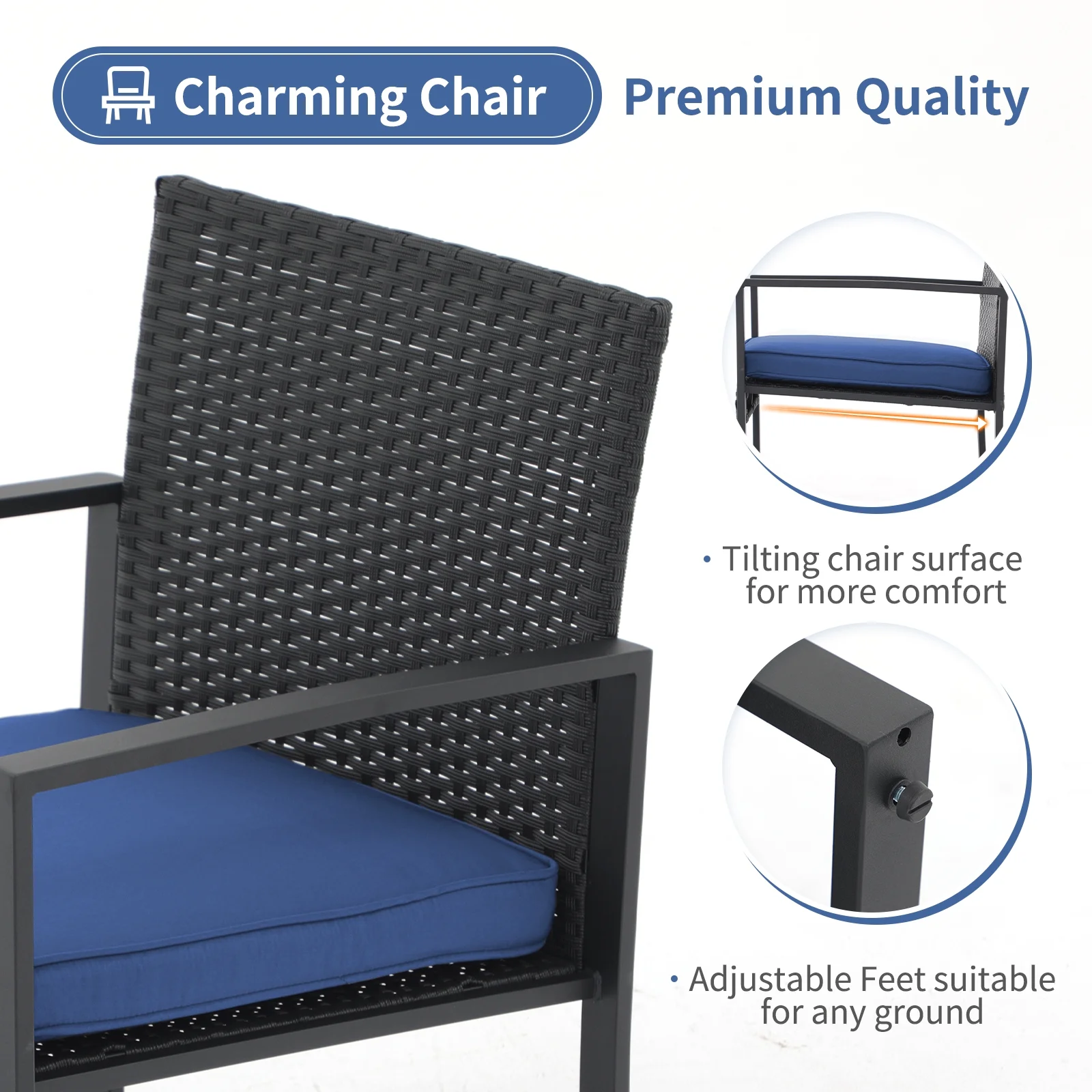 Orange-Casual 5-Piece Outdoor Furniture Set, Patio Steel 4 Sitting Conversation Set, with Ottomans & Soft Washable Cushions, Navy blue