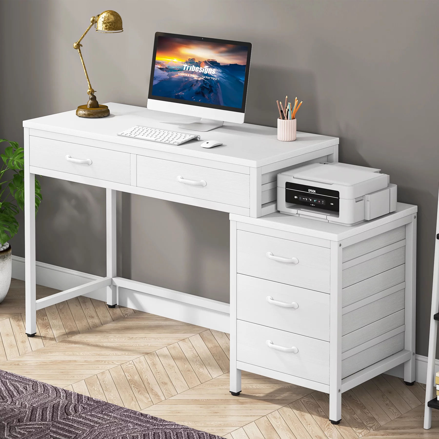 Tribesigns Computer Desk with 5 Drawers, Writing Desks Work Table with Reversible File Drawer Cabinet for Home Office