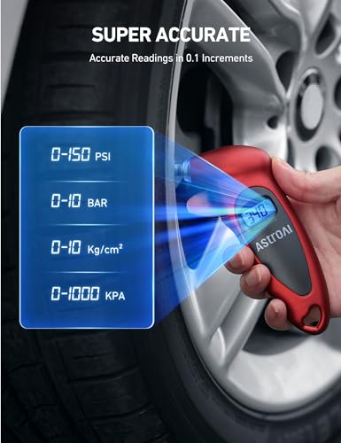 AstroAI Tire Pressure Gauge Digital 0-150PSI (Accurate in 0.1 Increments), 4 Settings Stocking Stuffers for Car Truck Bicycle with Backlight LCD and Presta Valve Adaptor, Sliver