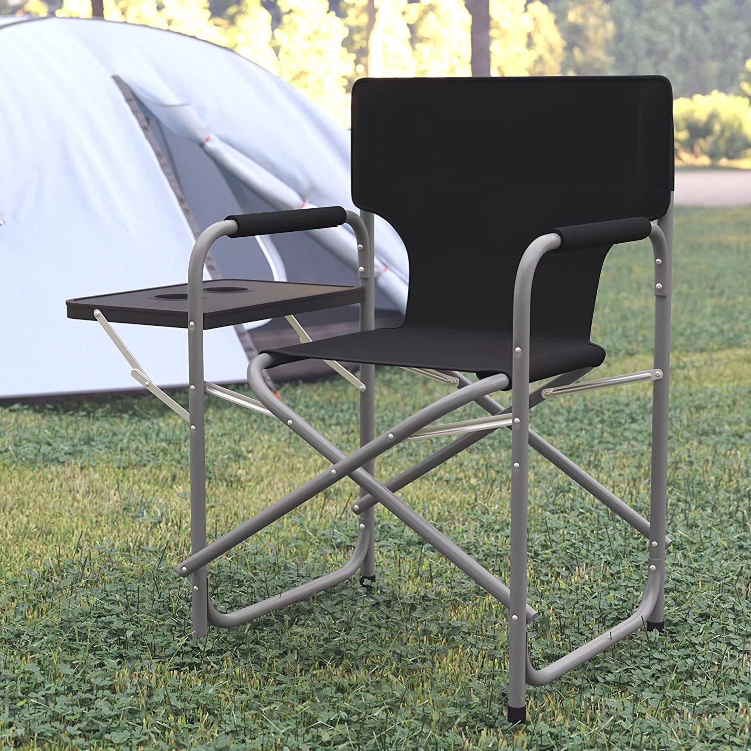 BizChair Folding Black Director's Camping Chair with Side Table and Cup Holder - Portable Indoor/Outdoor Steel Framed Sports Chair