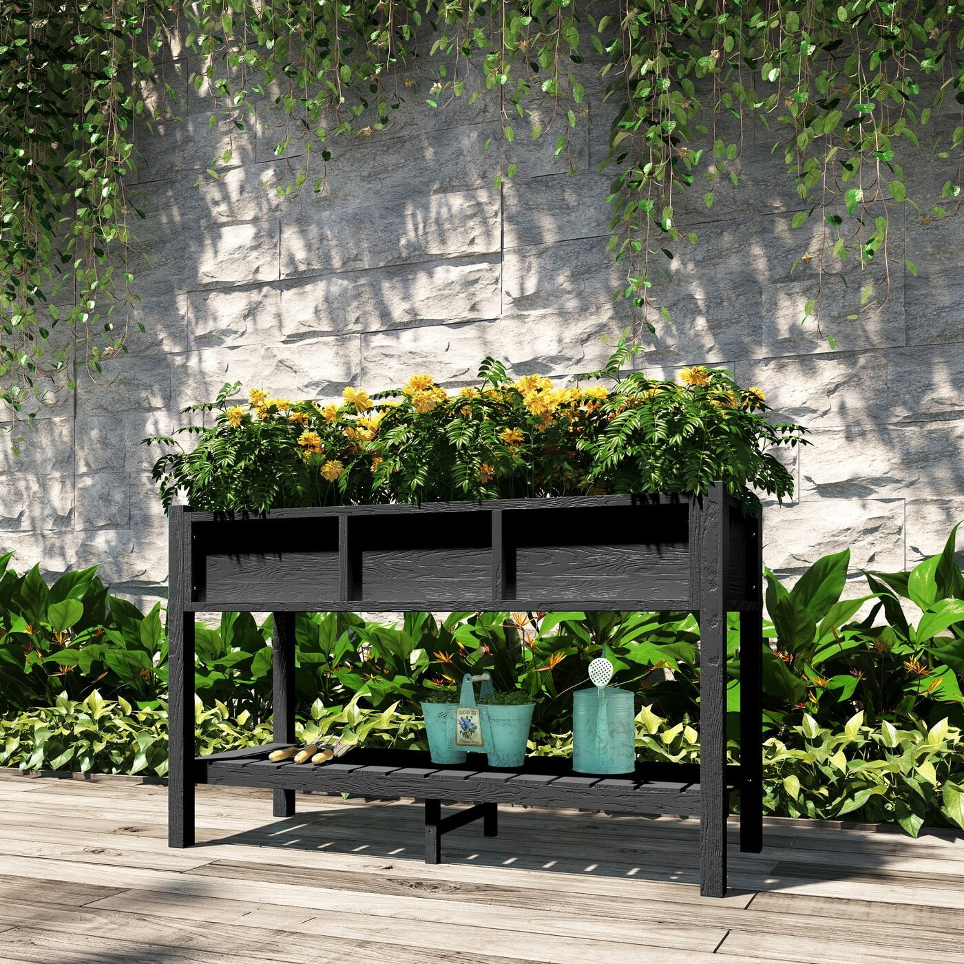 Rectangular Double-Deck Garden Planter Box Raised Garden Bed for Outdoor Black