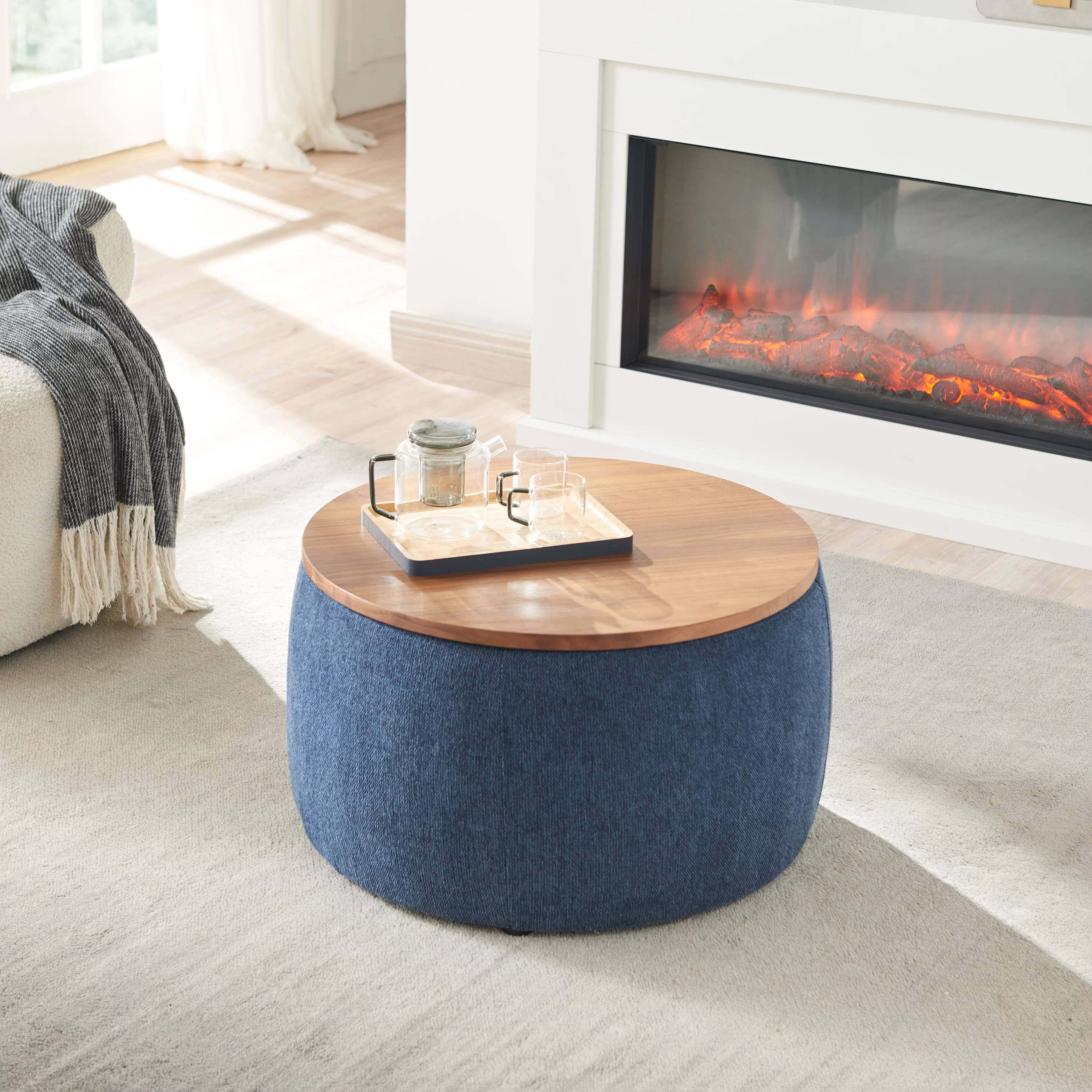Morden Fort Round Storage Ottoman 2 in 1 Function Ottoman Coffee Table Round with Storage for Living Room End Table Footstool with Wood Cover