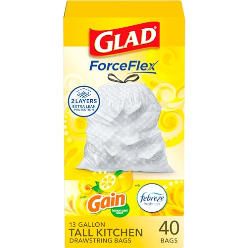 Glad Tall Kitchen Drawstring Trash Bags - Odorshield 13 Gallon White Trash Bag, Febreze Fresh Clean, 110 Count