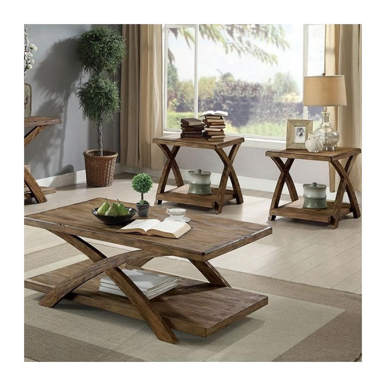 Furniture of America Pederson Rustic Wood 3-Piece Coffee Table Set in Oak
