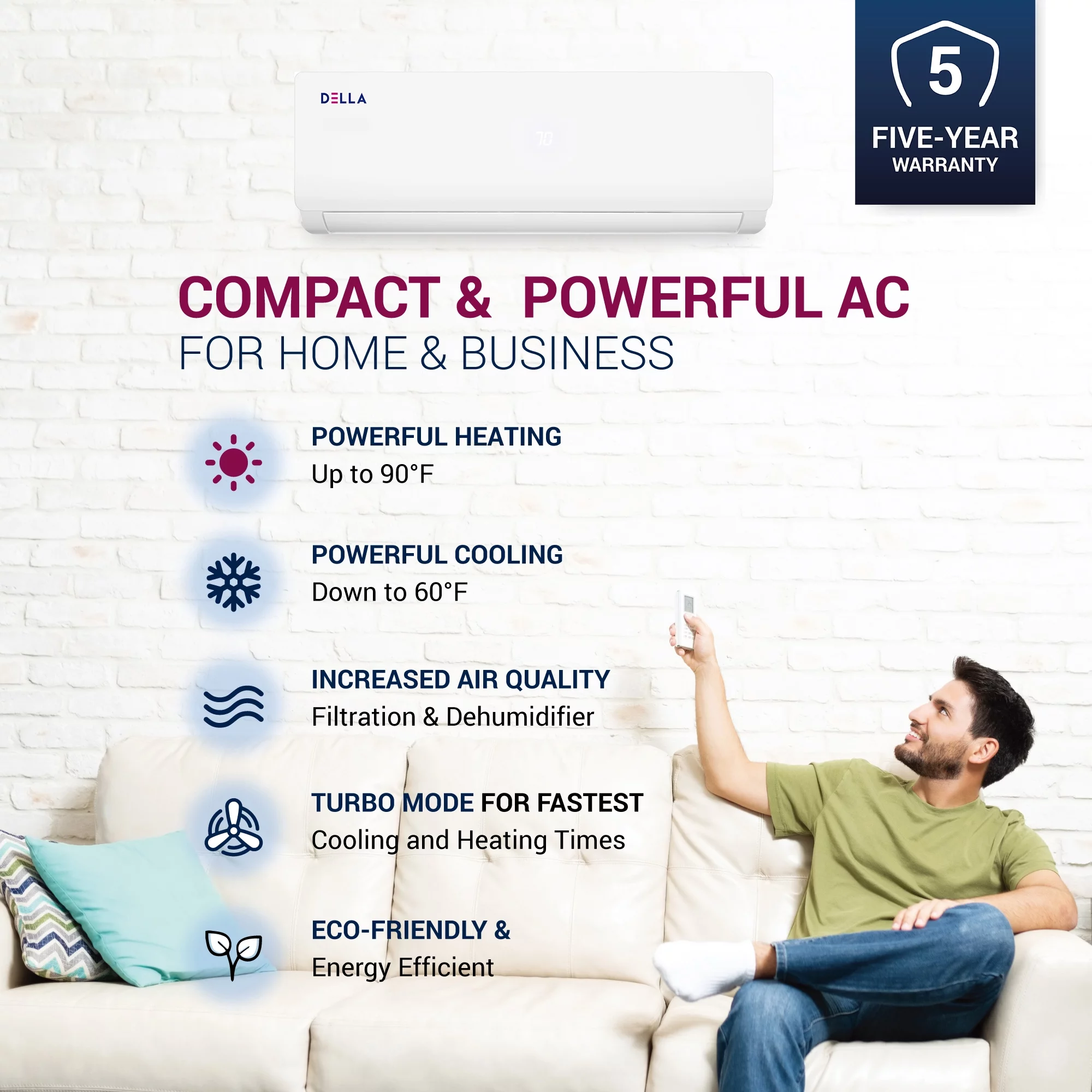 DELLA 36K BTU ODU 2 Zone 9000 24000 BTU 19 SEER 208/230V Cools Up to 1900 Sq.Ft Wifi Energy Efficient Multi Zone Ductless Mini Split Air Conditioner Heat Pump Full Set with 16ft Installation Kits