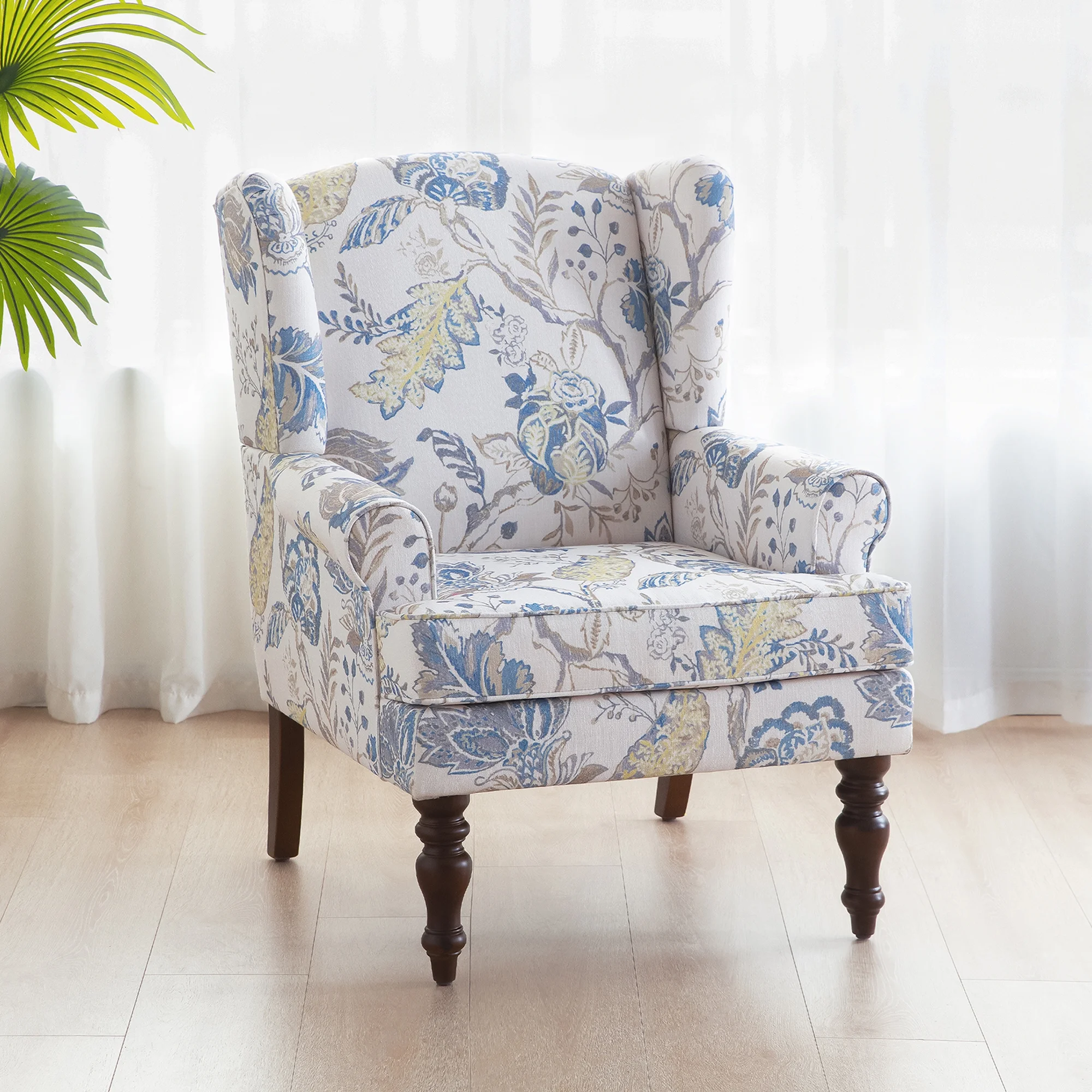 HUIMO Wingback Accent Chair, Upholstered Mid Century Modern Armchair with Solid Wood Legs, Fabric Linen Leisure Single Sofa Chair for Living Room, Bedroom, Comfy Reading Chair, Blue Floral Print