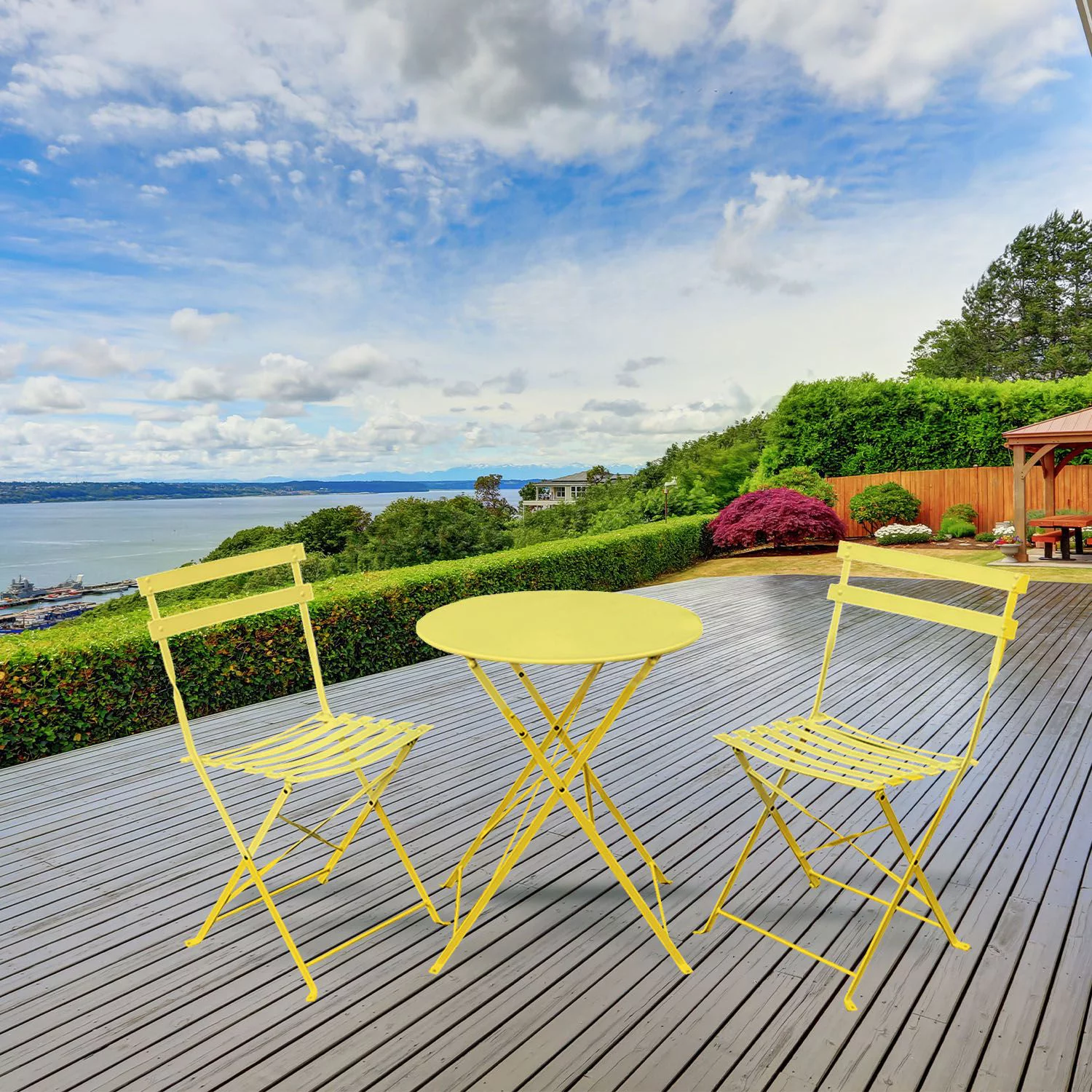 Caleb 3 Piece Long lasting Bistro Folding Furniture Set – 2 Relaxing Chairs With a Patio Cafe Table - Yellow