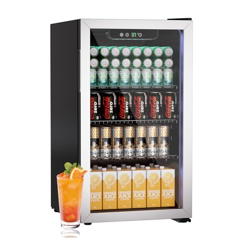 Compact Freestanding Beverage Refrigerator and Skincare Fridge, 0.9 Cu Ft Mini Fridge Holds 24 Cans with Reversible Mirrored Front Door & Temperature Control for Soda, Beer and Beauty Products