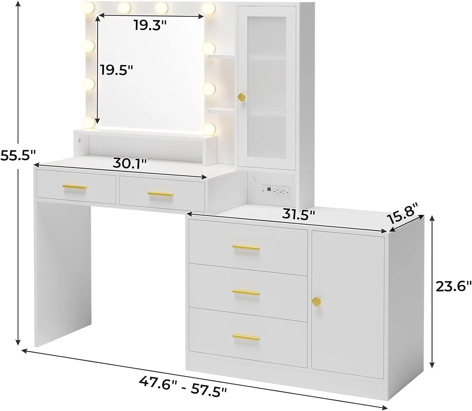 White Vanity with Mirror and Lights for Women Girls,Makeup Vanity Table with Charging Station&Drawers&Shelves