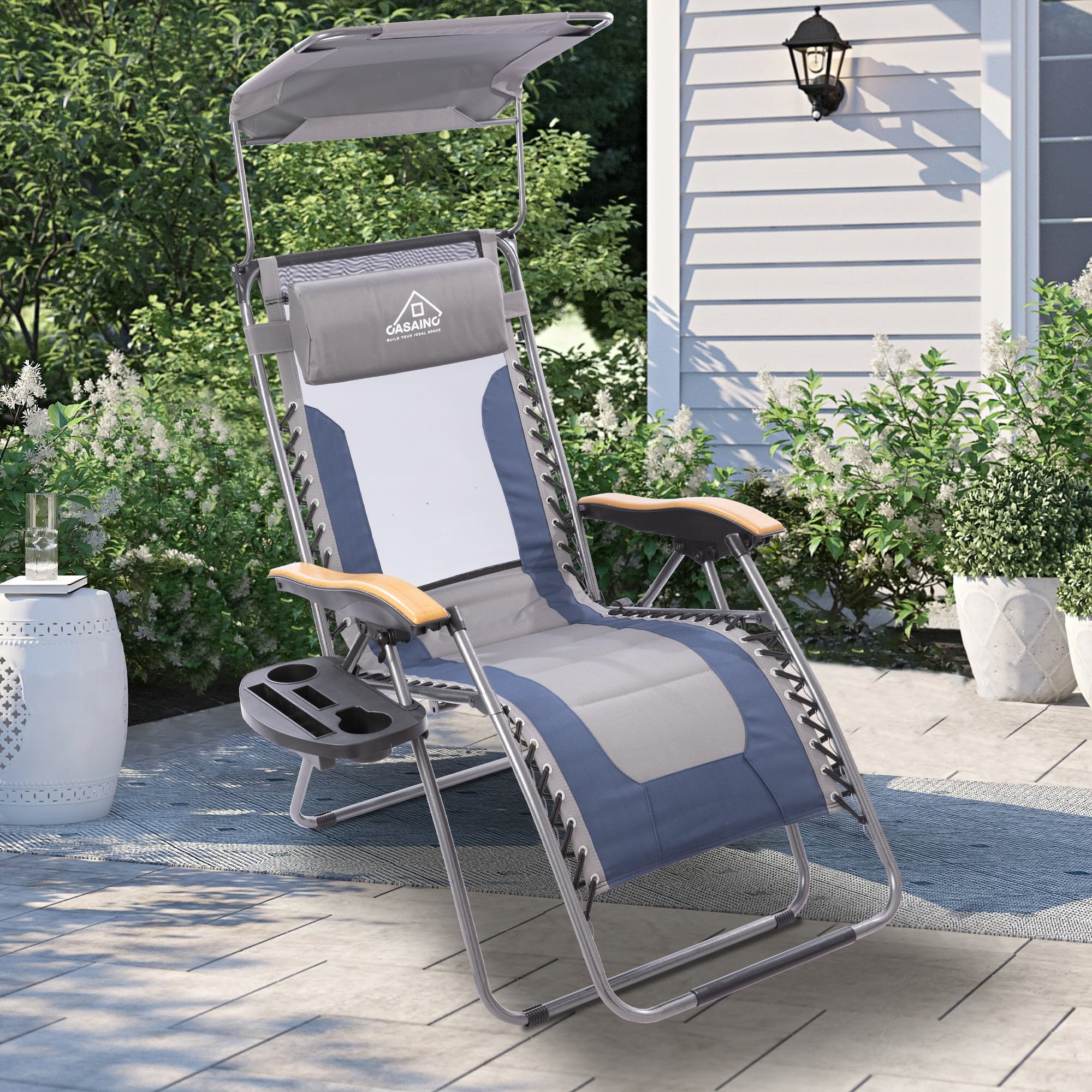 Mondawe Adjustable Portable Lounge Chair, Folding Zero Outdoor Recliner w/ Cup Holder and Adjustable Canopy Shade for Travel, Camping, Beach, Pool, Blue