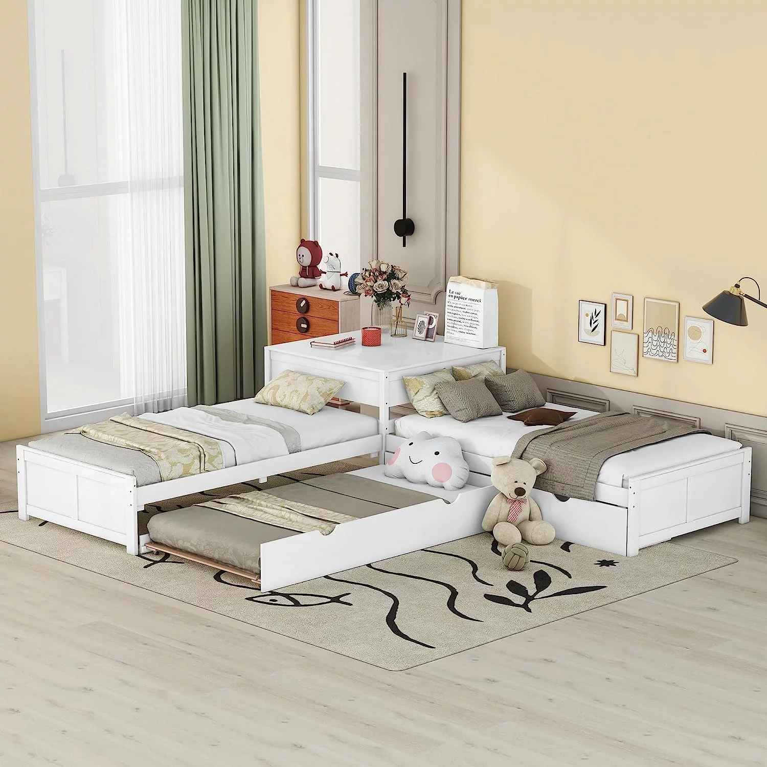 Bellemave L Shaped Platform Bed with Trundle and Drawers, Wood Twin Szie Corner Bed Built-in Desk, Twin Bed Frame for 3 Kids Teens Adults (White)