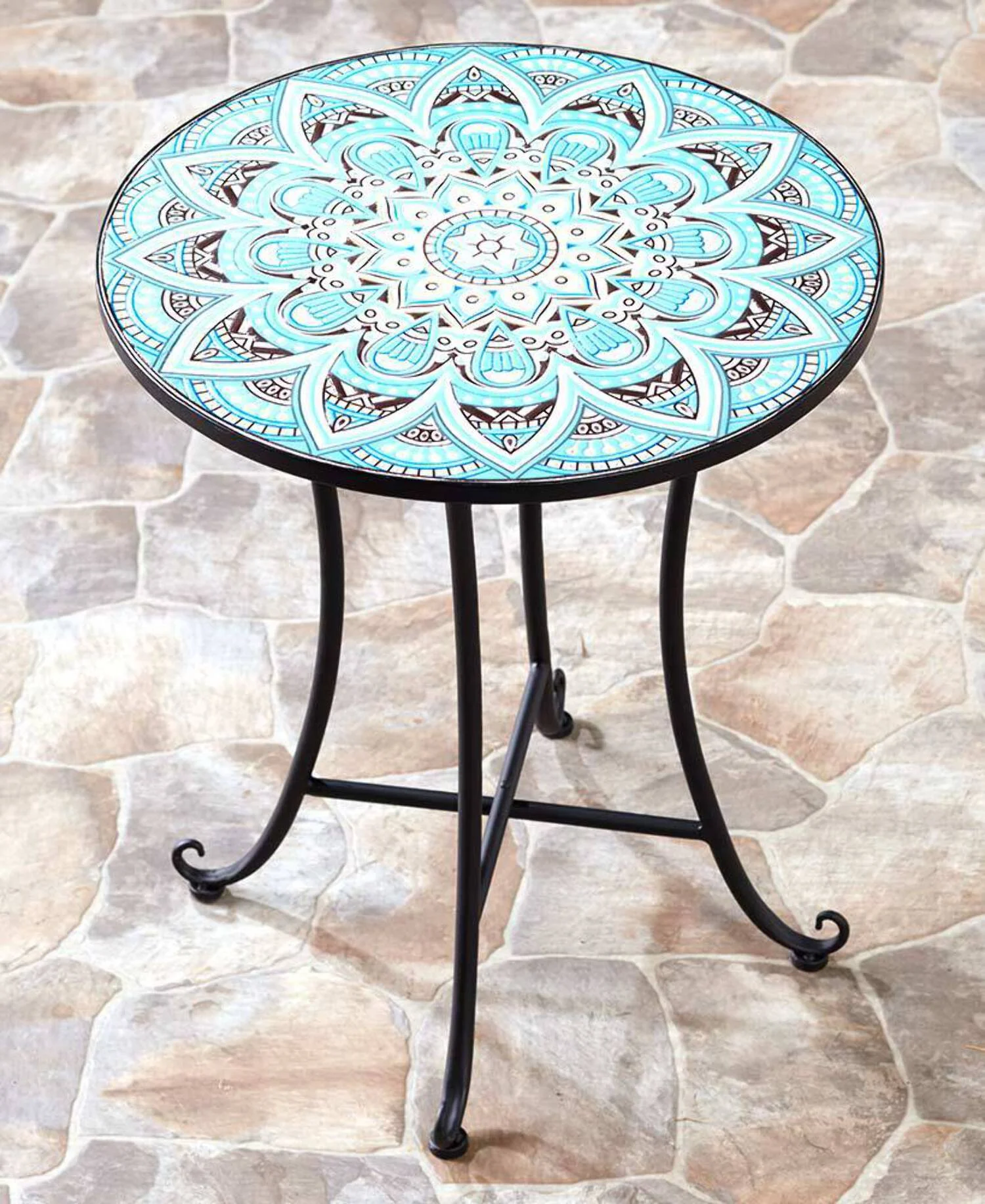 Metal Folding Patio Table with Decorative Tile Mosaic - Black