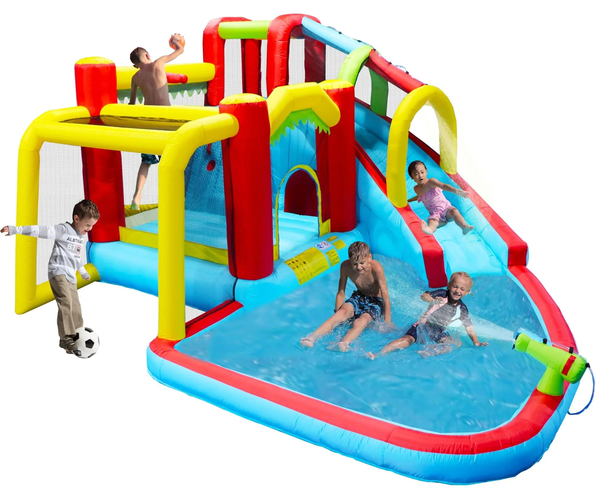 7 in1 Inflatable Slide Water Park Bouncing House Outdoor Soccer Garden Bouncer with Splash Pool & Water Gun & Climbing Wall & Basketball & Football