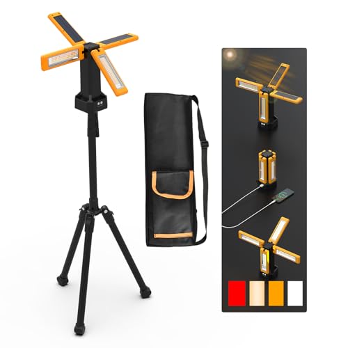 13200mAh Rechargeable Solar Work Light with Folding Stand and Carrying Bag, AODOO 8000 Lumen Stepless Dimmable , White/Warm/Nature White/RED(SOS) with Detachable Tripod (Orange) (Orange)