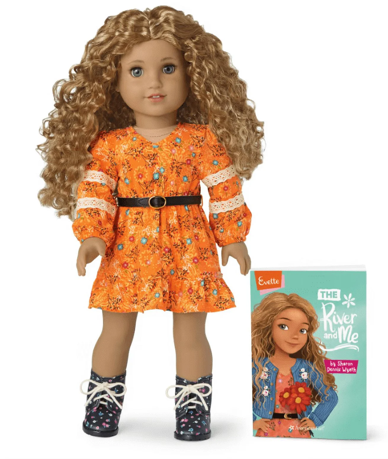 American Girl Evette Peeters 18 inch Doll  with Gray Eyes Freckles Curly Caramel Colored Hair