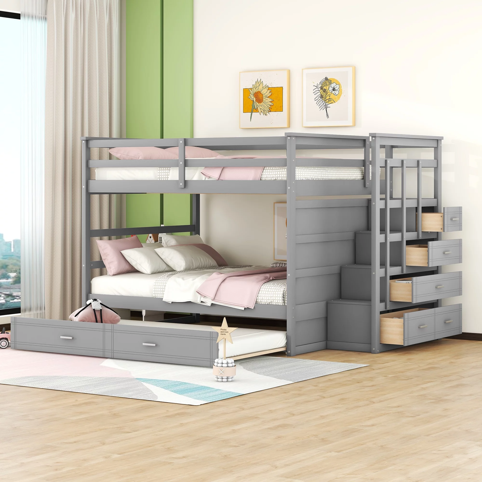 Churanty Full Over Full Bunk Bed with Trundle and Stairs,Wood Kids Bunk Beds with Storage Drawers and Guardrail for Teens Adults,Gray