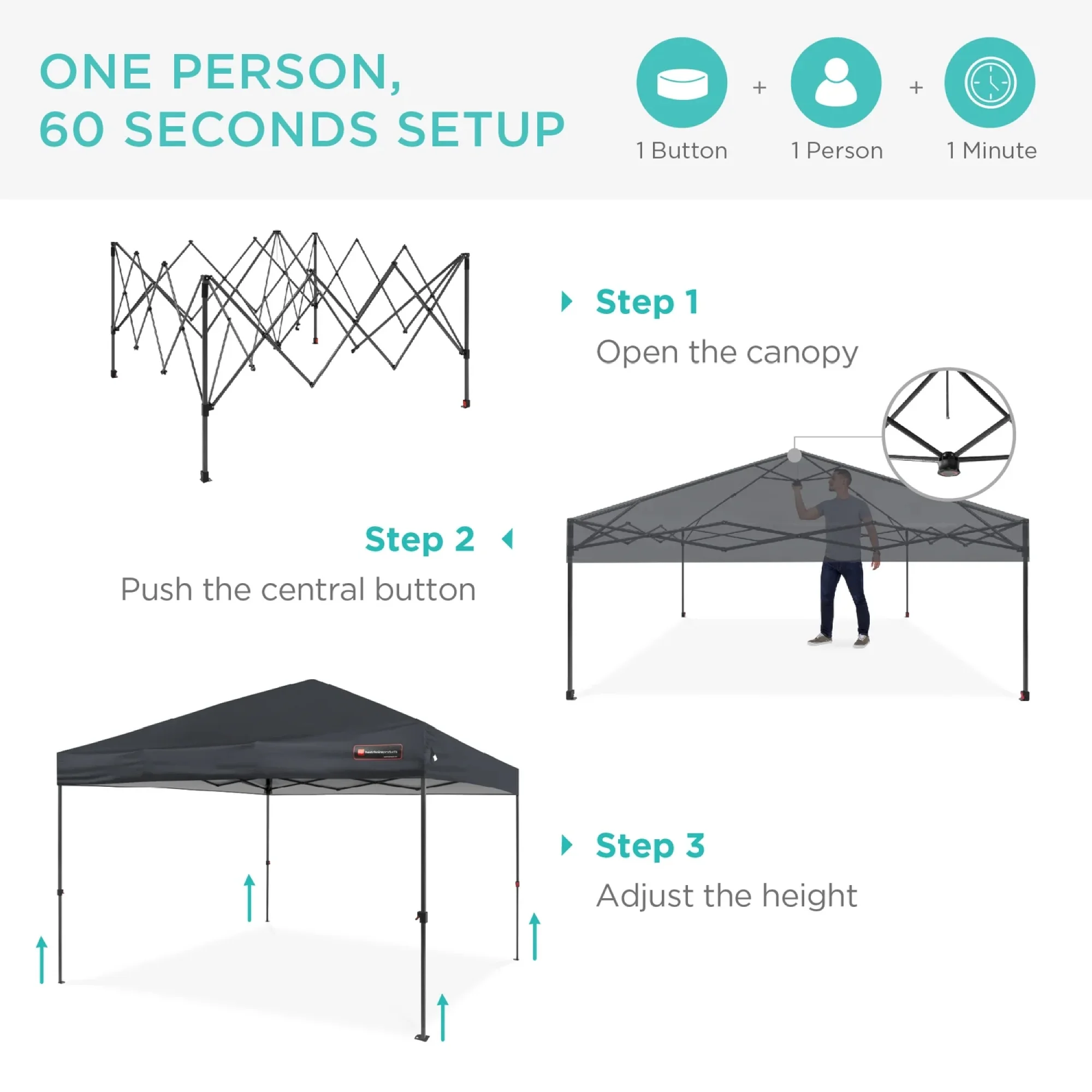 Best Choice Products 8x8ft Easy Setup Pop Up Canopy w/ 1-Button Setup, Wheeled Case, 4 Weight Bags - Gray