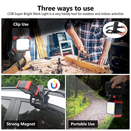 LED Rechargeable Work Light with Clamp, 2100LM Super Bright COB Magnetic Work Light with 3 Light Modes, 270° & 180° Rotation, Waterproof, Perfect for BBQ, Jobsite, Workshop, Car Repairing