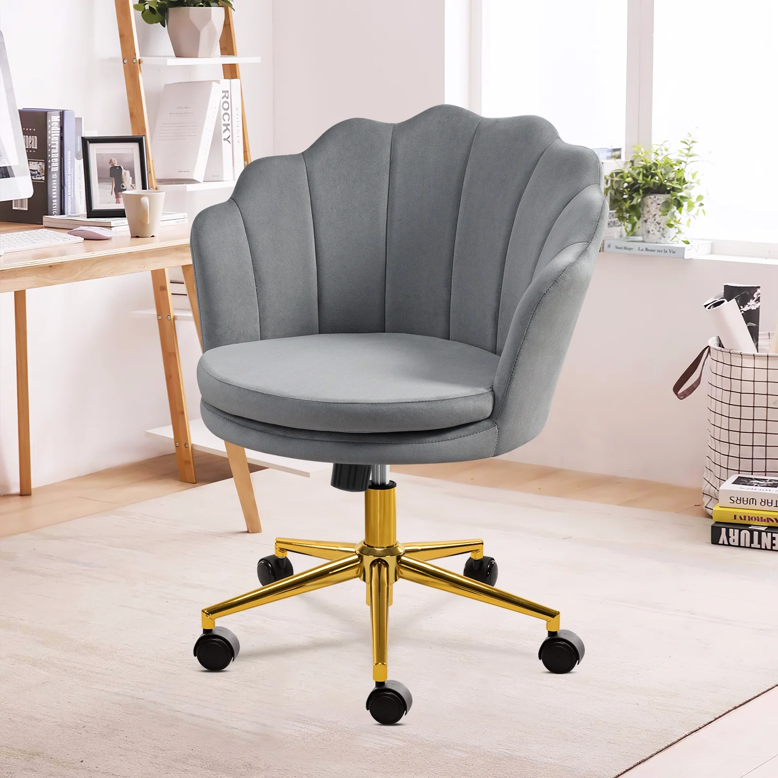 Furniliving Modern Velvet Adjustable Swivel Middle Back Office Chair, Grey