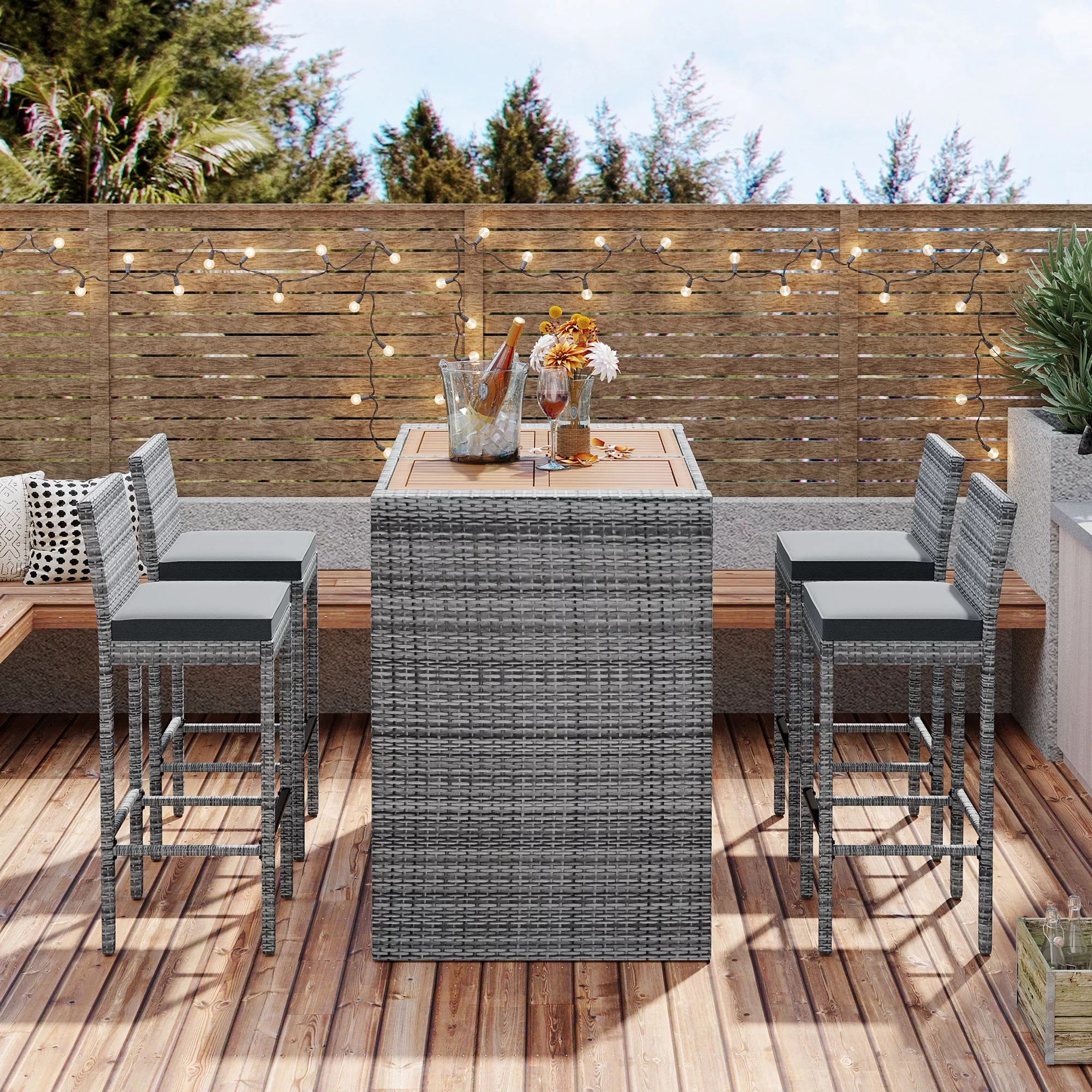 Outdoor Bar Dining Table Set, 5-Pcs Rattan Patio Bistro Sets, Counter Height Table & Cushioned Chairs with Backrest, Gray Wicker Patio Furniture Set for Backyard Porch Poolside