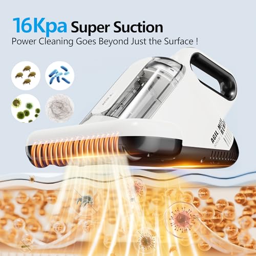 TER Mattress Vacuum Cleaner Bed Vacuum Cleaner with 16Kpa Suction 253.7nm UV-C Light & 35000 RPM/Min & HEPA Filter & Ultrasonic, 149℉ Heat, Deep Clean Handheld Vacuum for Sofa/Bed/Couch, 450W, Corded