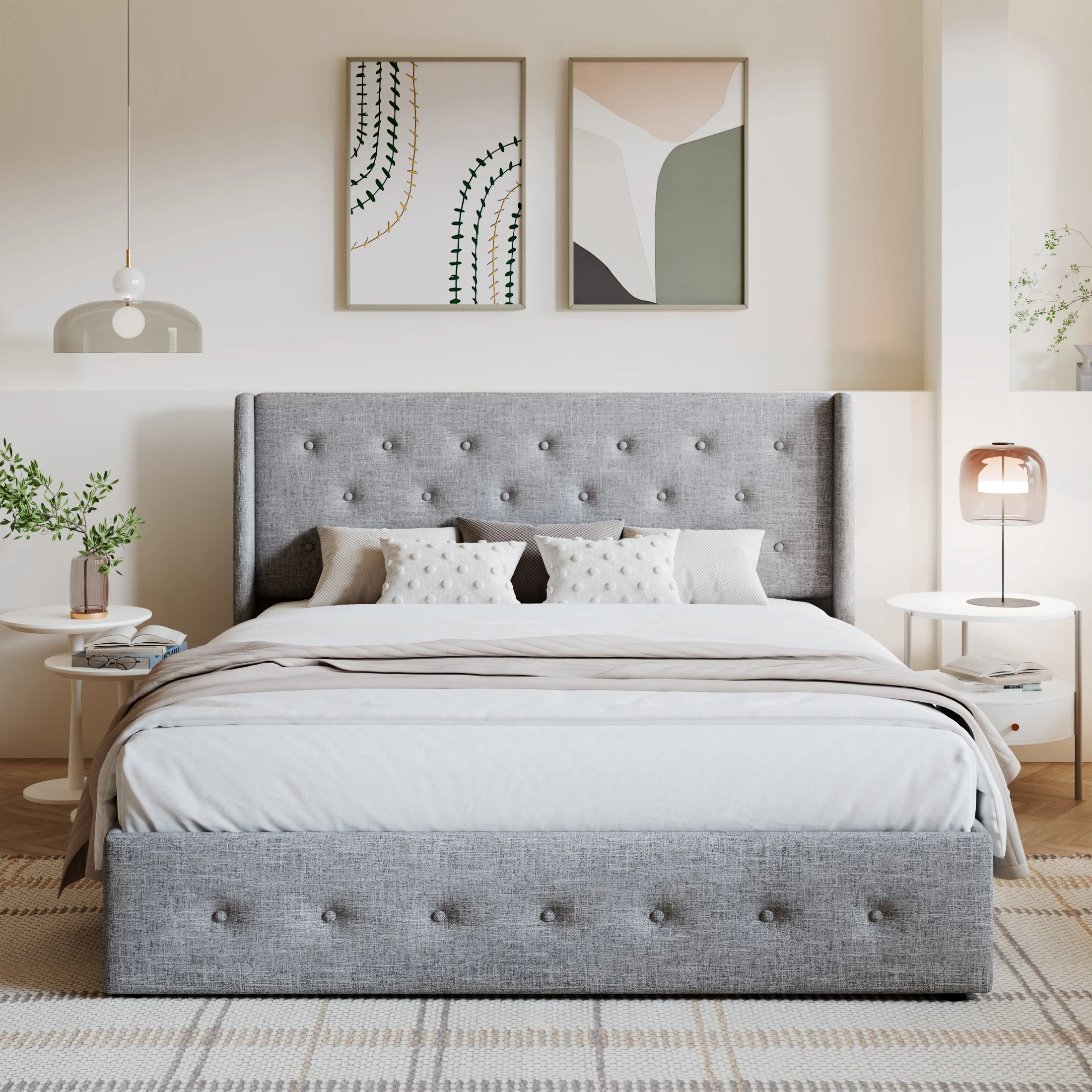 Amolife Queen Size Upholstered Lift up Storage Platform Bed Frame with Button Tufted Wingback Headboard, Light Gray