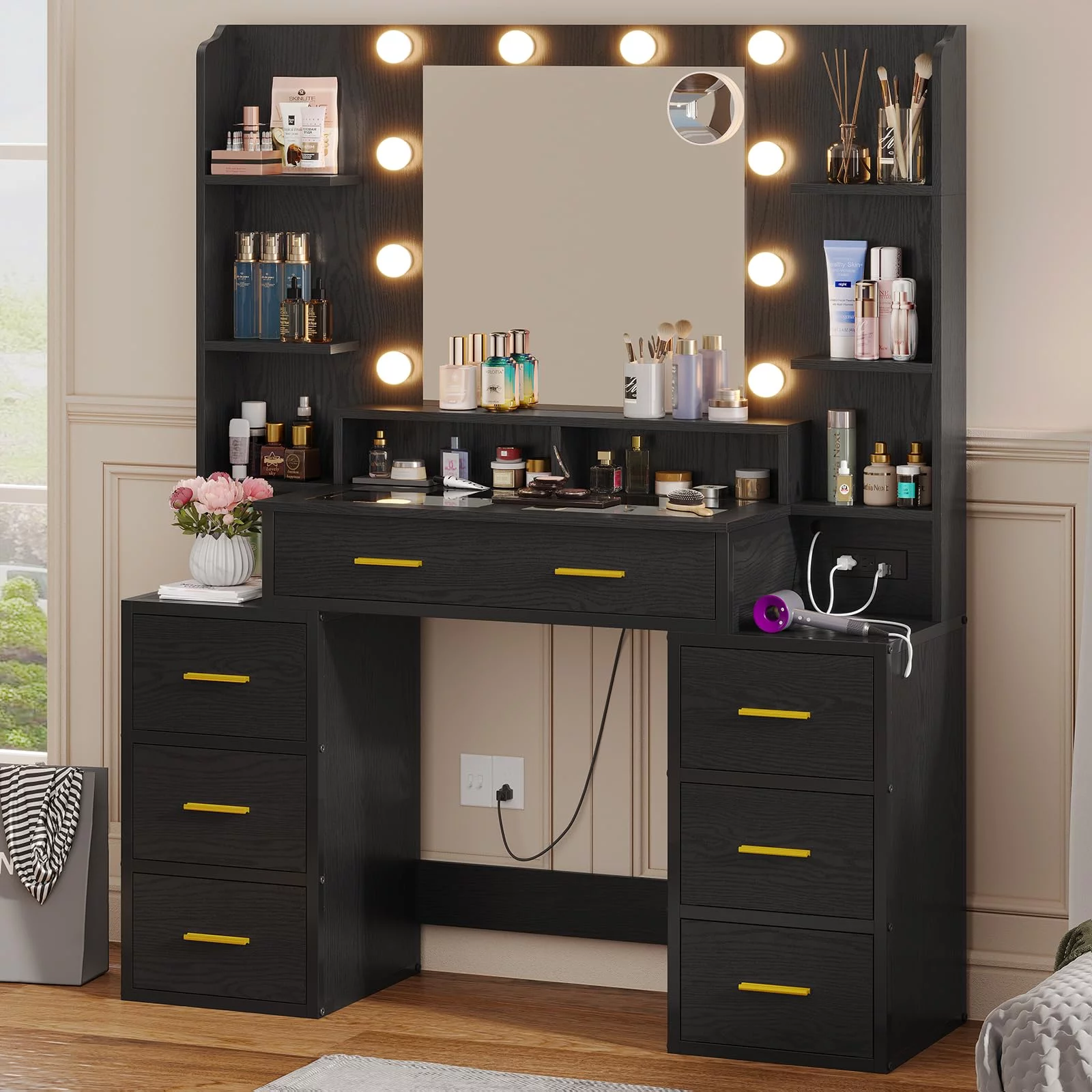 Vanity Desk with Mirror and Lights & Glass Top,Makeup Vanity with Lights & Charging Station,10x Magnifying Mirror,Large Vanity Table with 8 Drawers & Shelves,Black