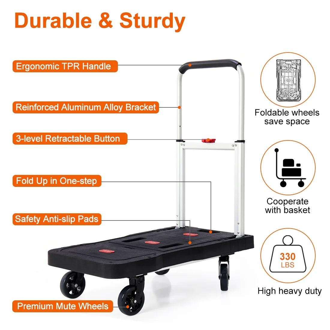 Folding Hand Truck 330 Lbs/150kg Heavy Duty Dolly Cart with 4 Wheels Portable Platform Truck Lightweight Foldable Utility Luggage Push Cart with Adjustable Handle for Auto, Luggage, Travel, Shopping