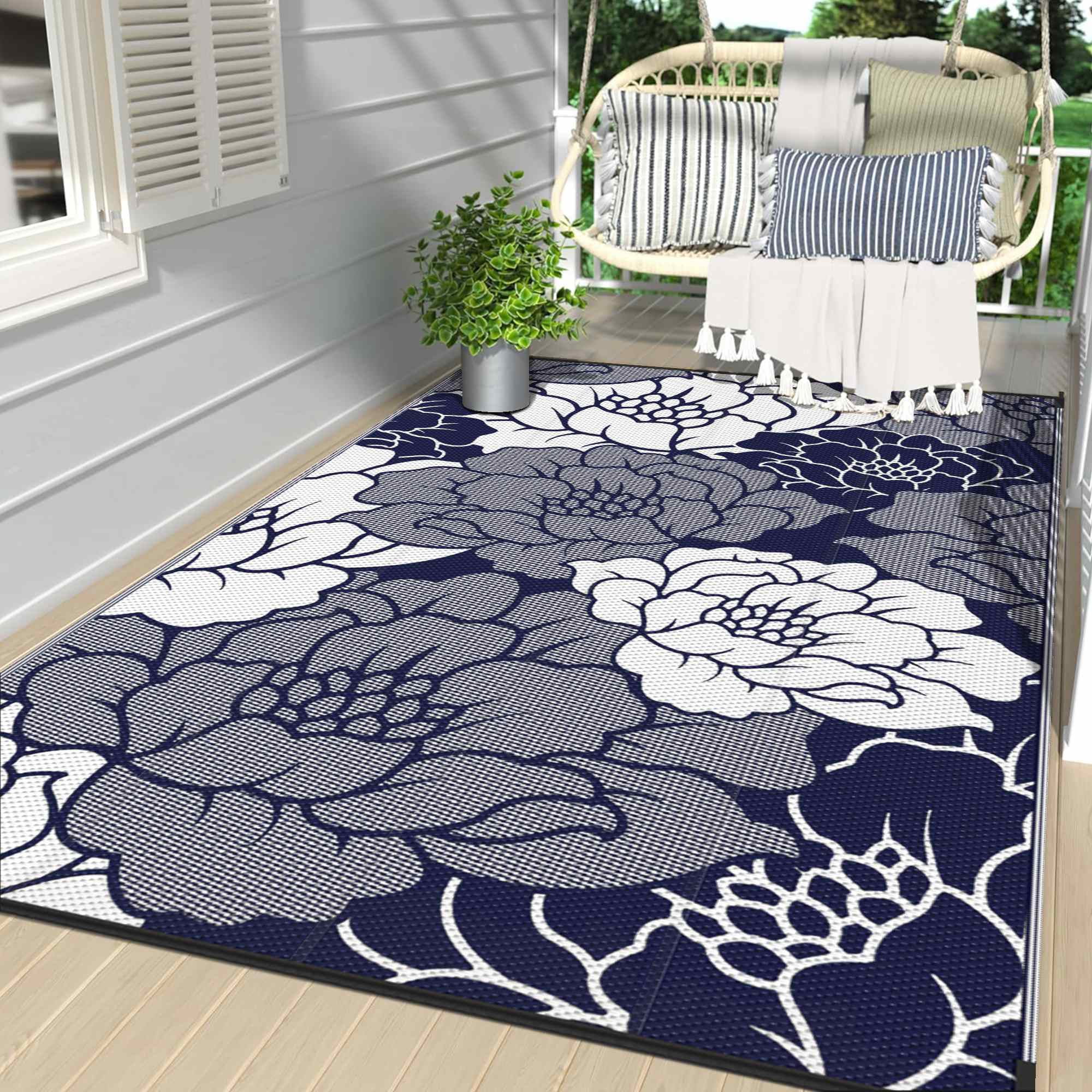 DEORAB Outdoor Rugs for Patio Clearance, Waterproof Plastic Mat, Rv, Camper,blue&white,5'x8'