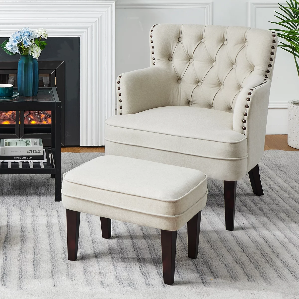 L'AGRATY Accent Chair with Ottoman, Tufted Armchair and Ottoman for Bedroom Living Room, Beige