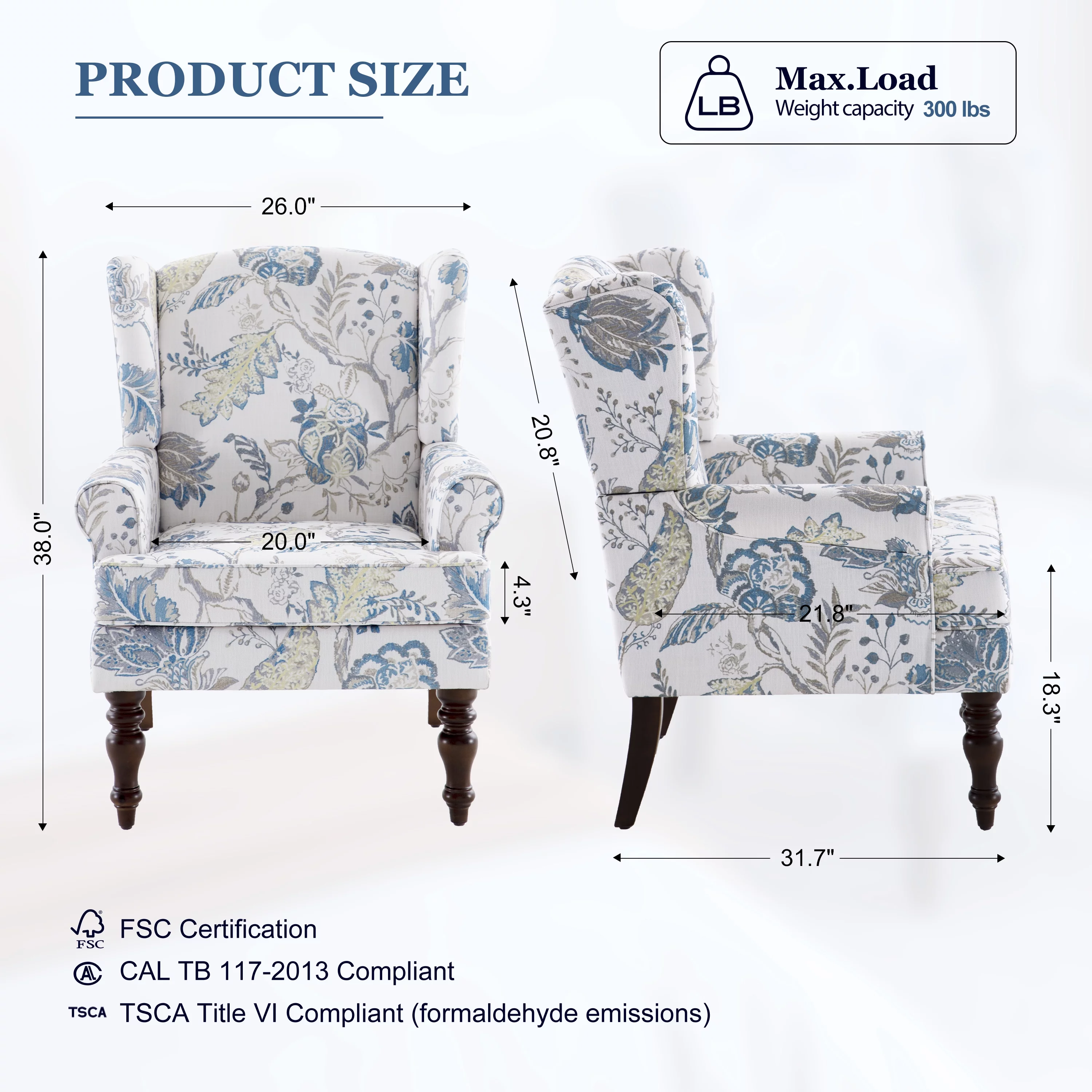 HUIMO Wingback Accent Chair, Upholstered Mid Century Modern Armchair with Solid Wood Legs, Fabric Linen Leisure Single Sofa Chair for Living Room, Bedroom, Comfy Reading Chair, Blue Floral Print