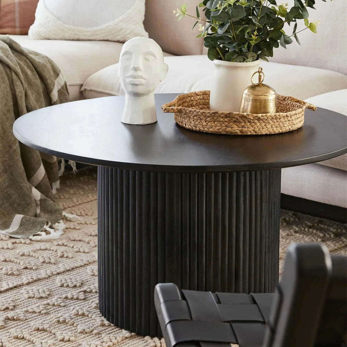 SHYFOY Round Coffee Table with Solid Wood Circle Pedestal End Table - Black 35.5