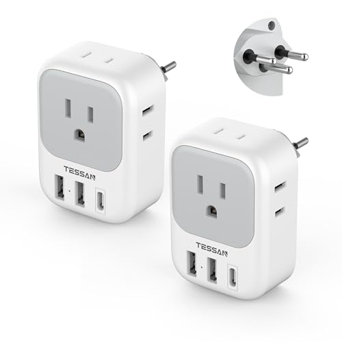 2 Pack European Travel Plug Adapter USB C, TESSAN US to Europe Plug Adapter with 4 Outlets 3 USB Charger (1 USB C Port), Type C Power Adaptor to Italy Spain France Portugal Iceland Germany, white gray
