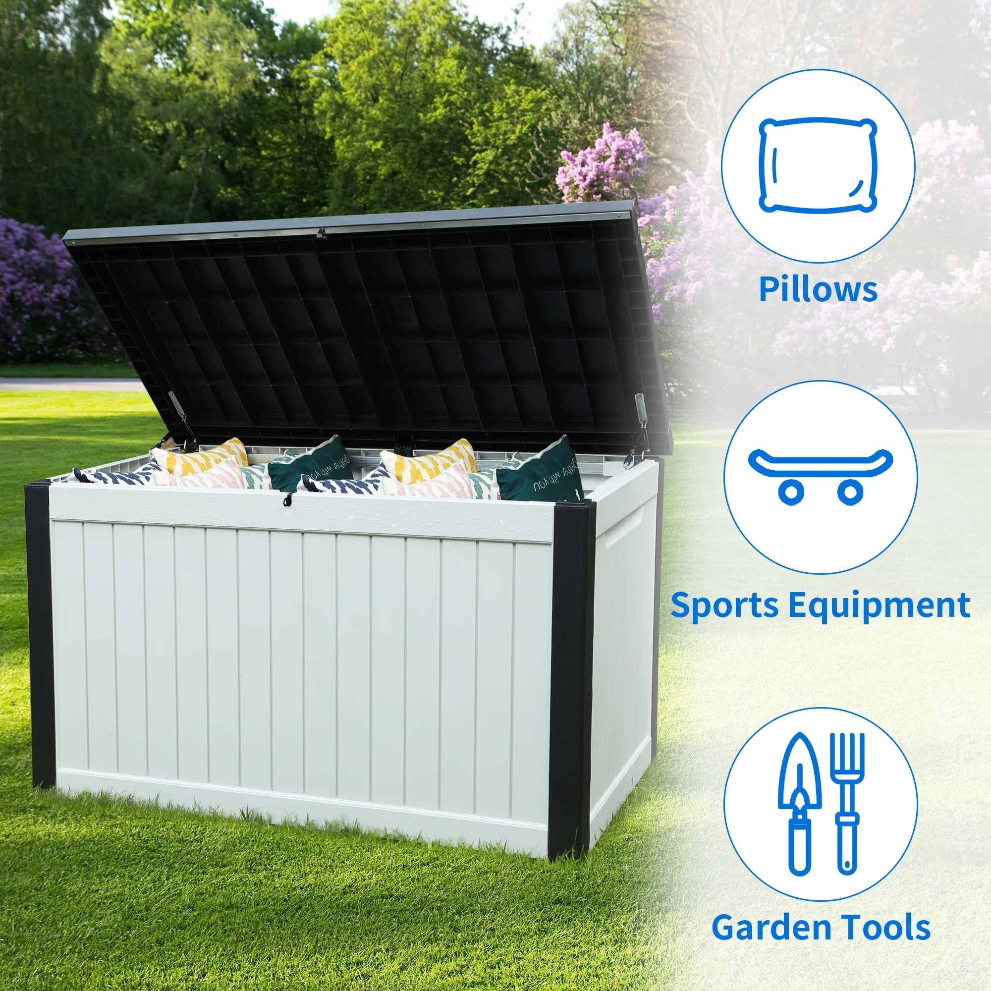 Dextrus Extra Large 230 Gallon Outdoor Storage Deck Box for Patio Cushions, Yard Implements, and Sports/Pool Gear, Durable Weatherproof Resin, Secure Locking Mechanism (Black&White 2)