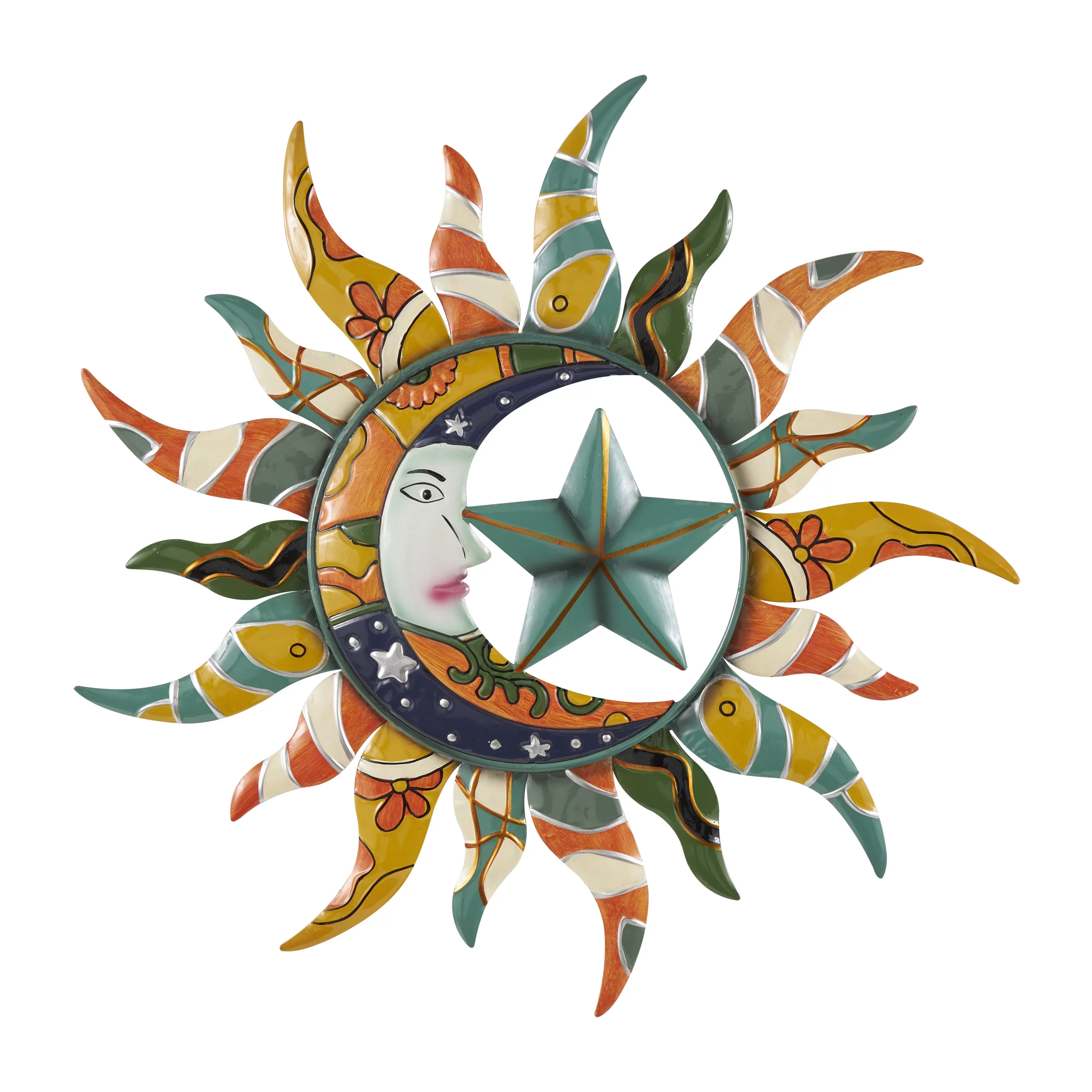 DecMode Multi Colored Metal Indoor Outdoor Sun and Moon Wall Decor with Abstract Patterns