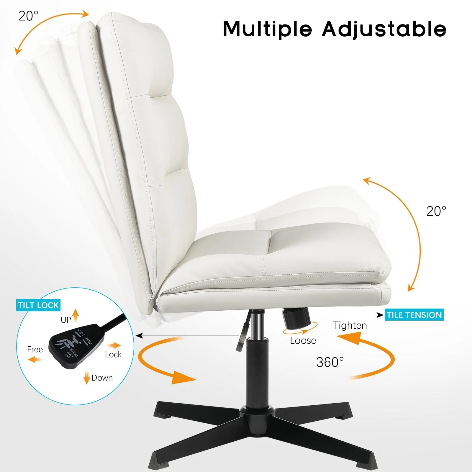 Bossin  Office Chair Desk Chair Armless No Wheels, PU Leather Criss Cross Legged, High Back Task Chair White