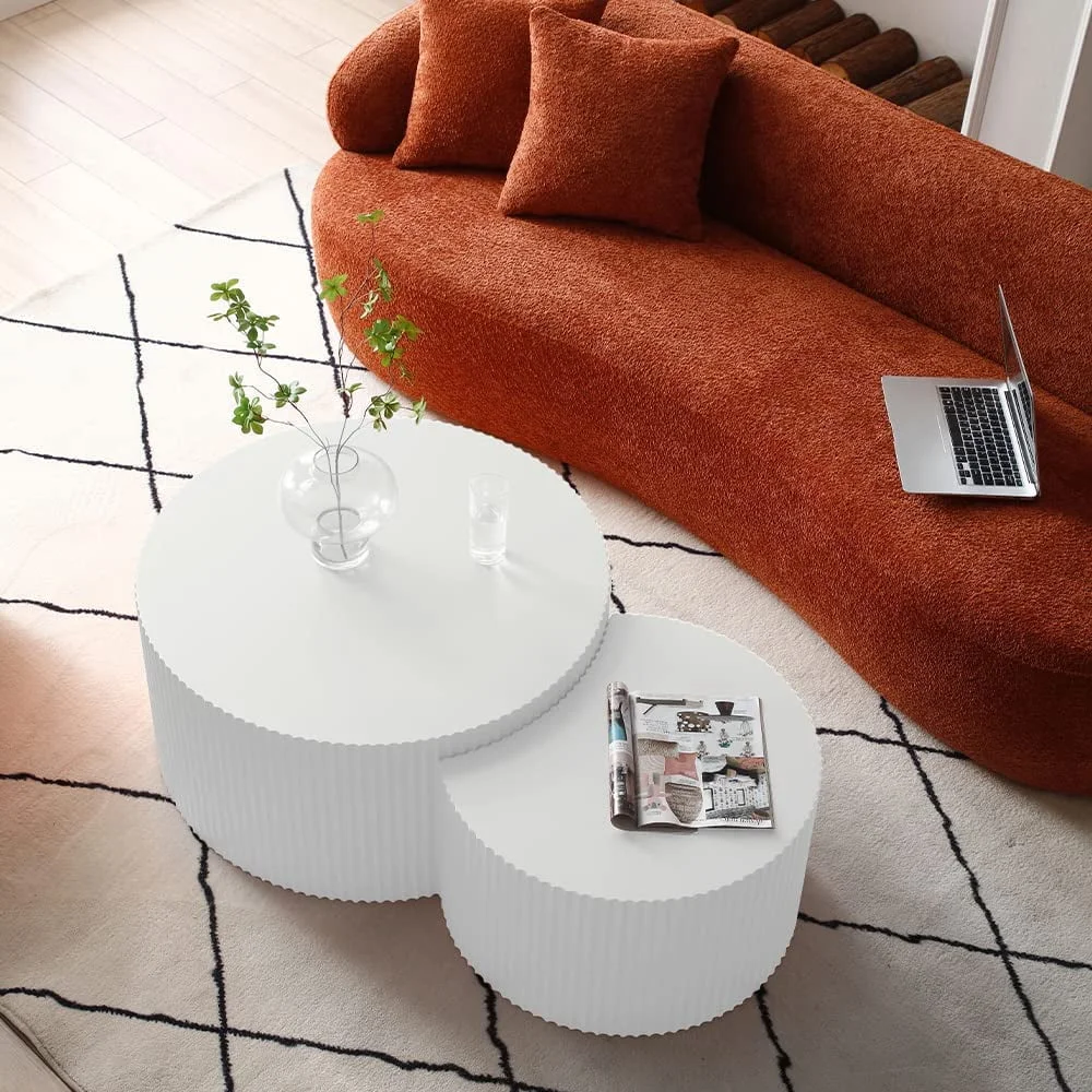 Nesting Coffee Table Set of 2, Matte White Round Wooden Coffee Tables, Modern Luxury Side Tables Accent End Table for Living Room Apartment