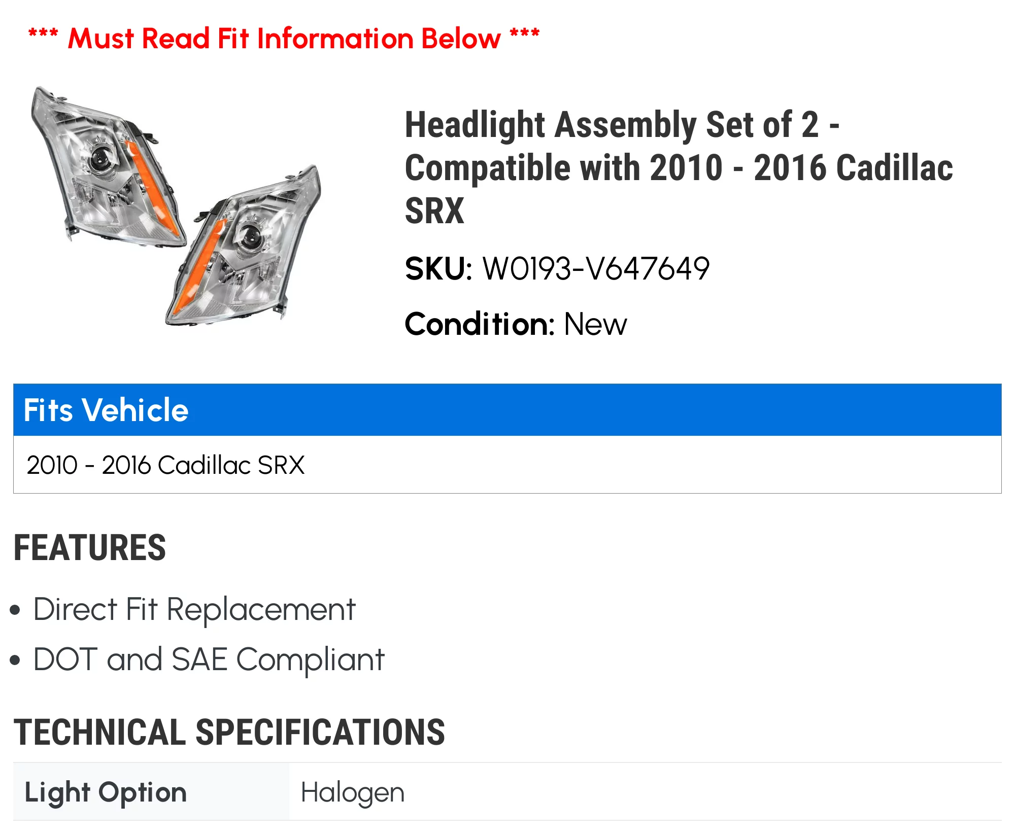 Headlight Assembly Set of 2 - Compatible with 2010 - 2016 Cadillac SRX 2011 2012 2013 2014 2015