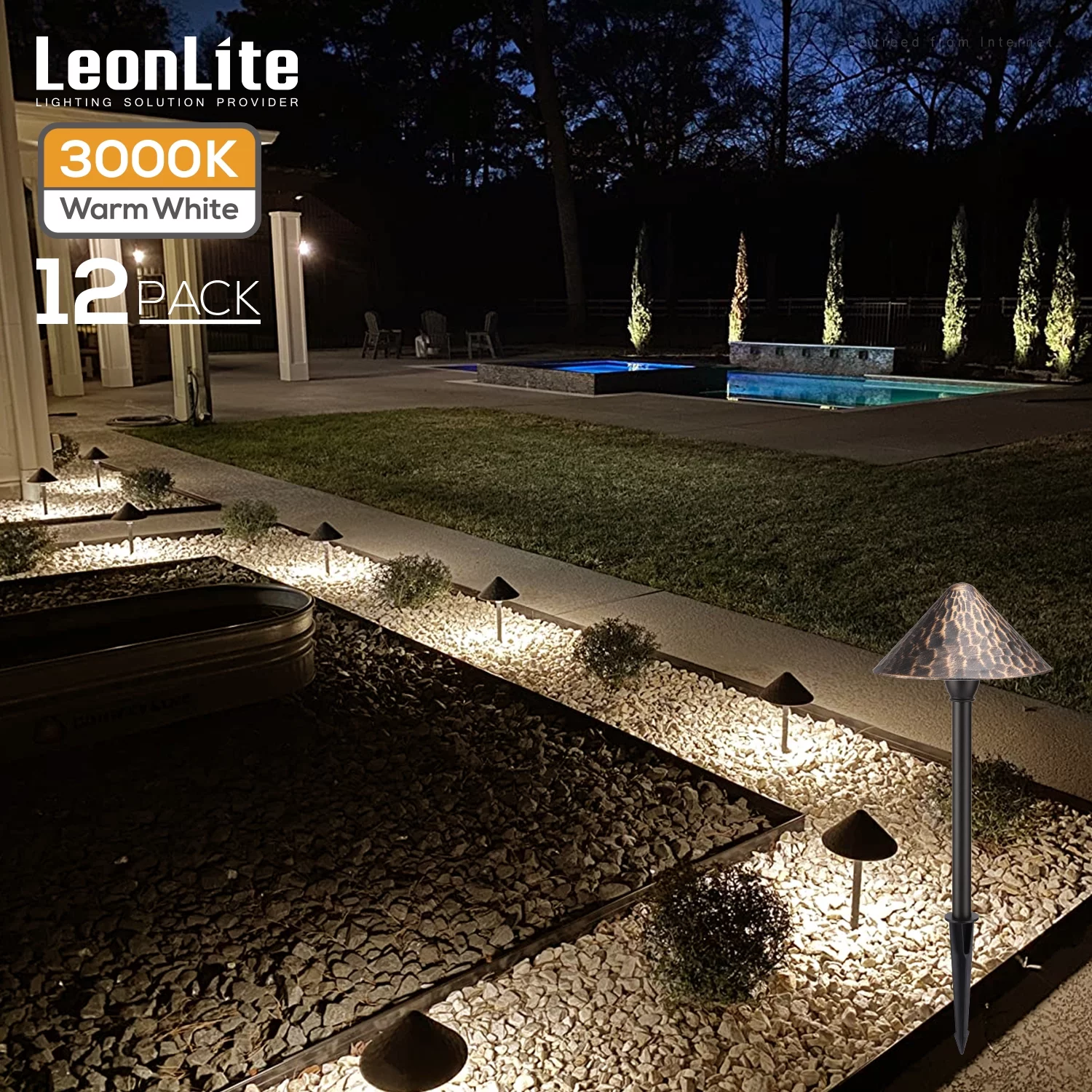 LEONLITE 12 Pack Low Voltage LED Landscape Lighting, 12-24V AC/DC Wired LED Pathway Lighting, Unique Vintage Golden Texture, Aluminum