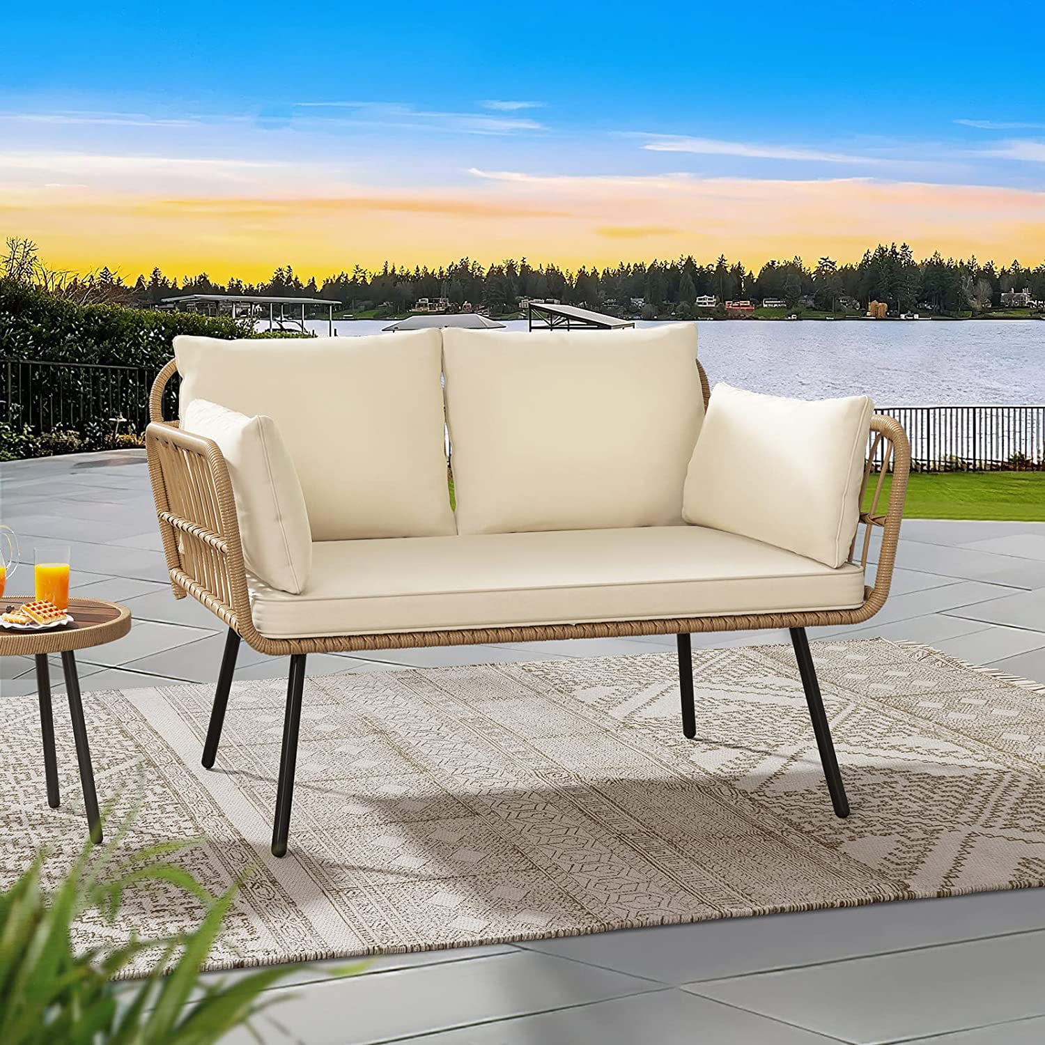 Dextrus Wicker Loveseat Sofa With Beige Cushions & Lumbar Pillows, All-Weather Wicker Loveseats Patio Sectional Furniture for Patio, Balcony, Backyard, Deck, Poolside